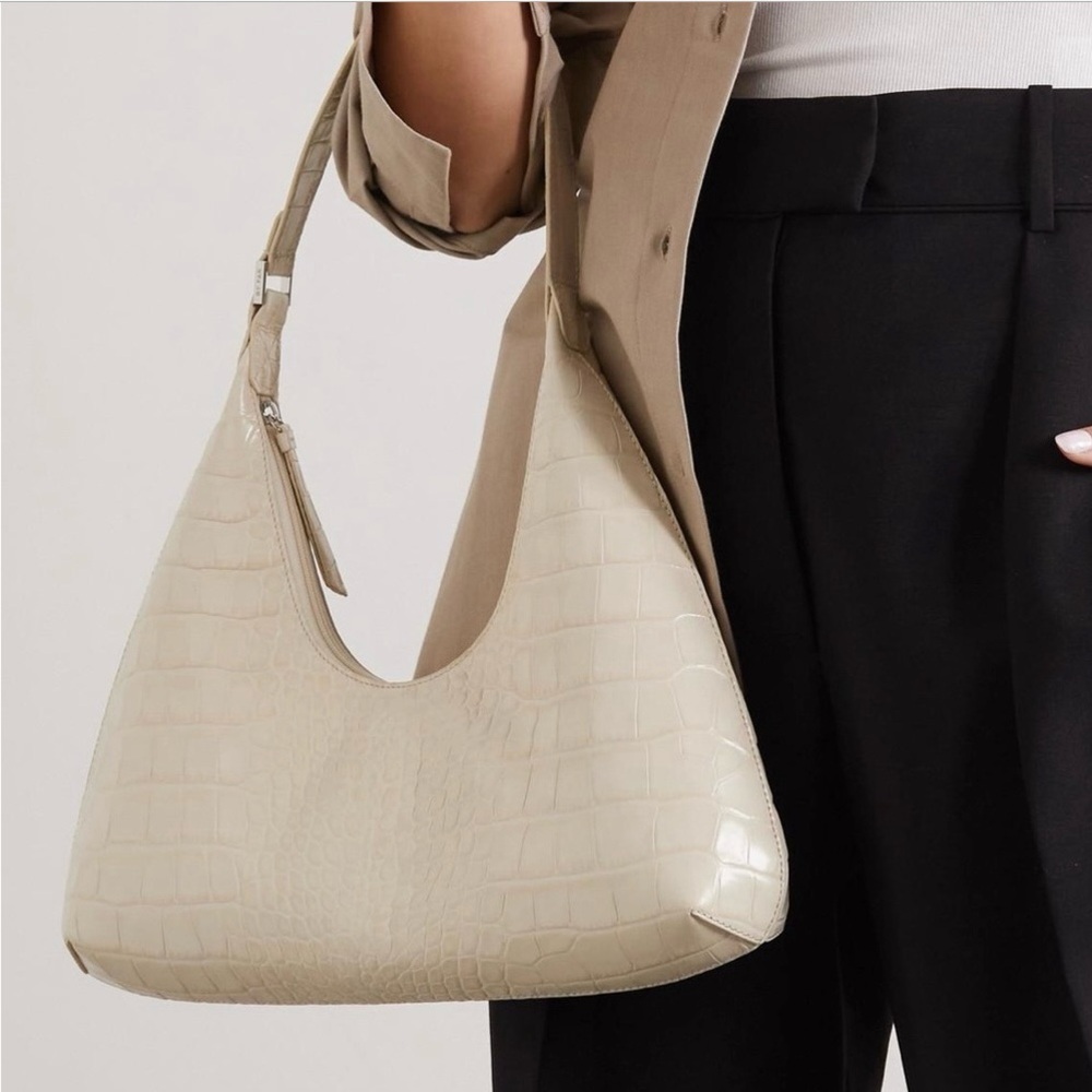 By Far Croc Embossed Moon Shoulder Bag in Beige